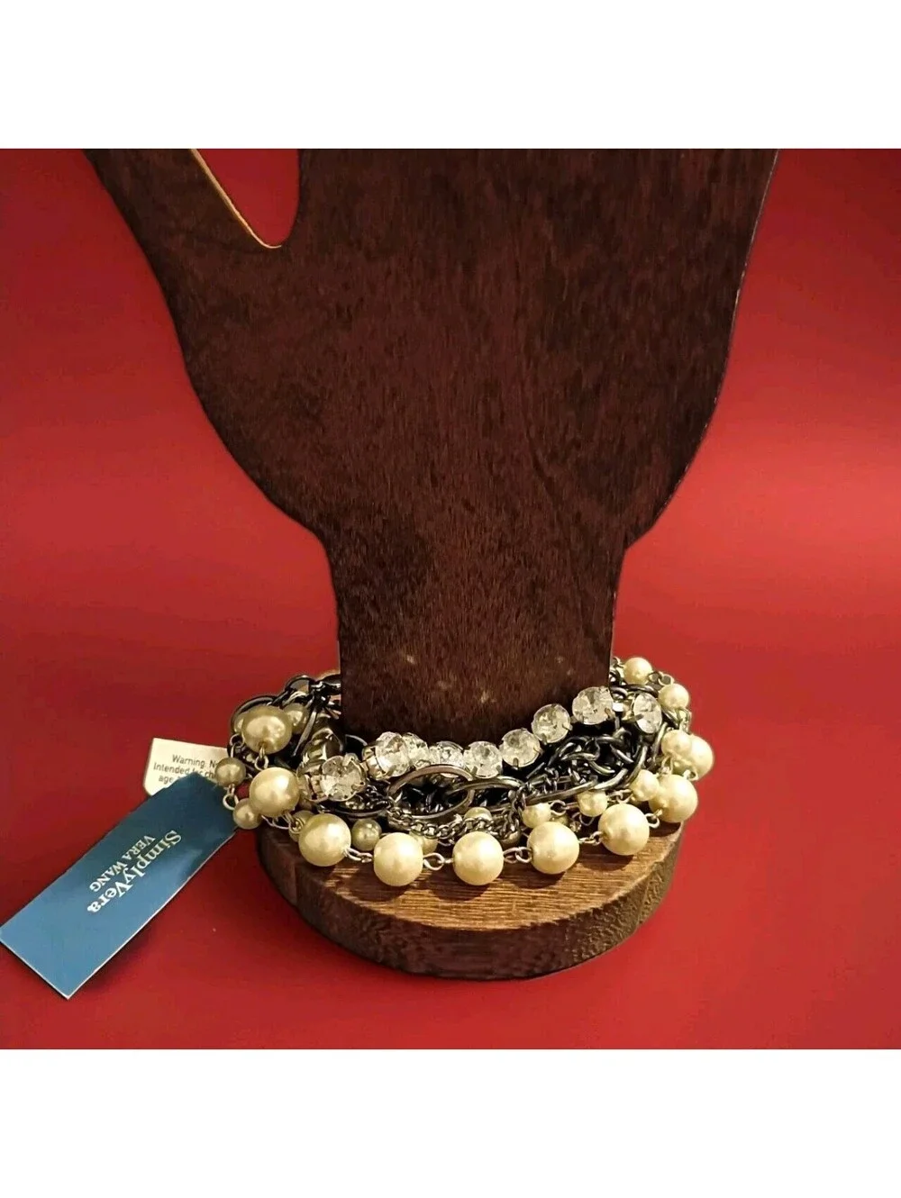 Vera Wang Bracelet White Faux Pearls Gun Metal Rhinestone 13 Strand